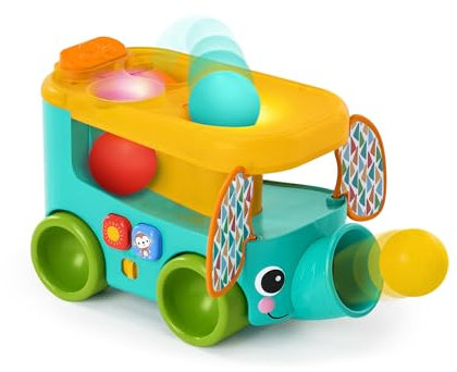 Bright Starts Pop & Roll Safari Bus Ball Play Toy, Elephant Popper and Launcher, Baby Crawling Toy, Unisex, Ages 6 Months+
