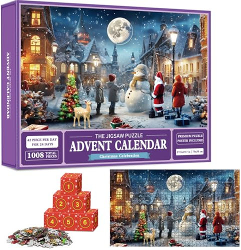 Advent Calendar 2024 Jigsaw Puzzle,Snowy Christmas Night Puzzle,1008 Pieces Christmas Family Holiday Puzzle,24 Boxes Puzzle for Christmas Countdown,Christmas Home Decors Gift for Adult,Kids