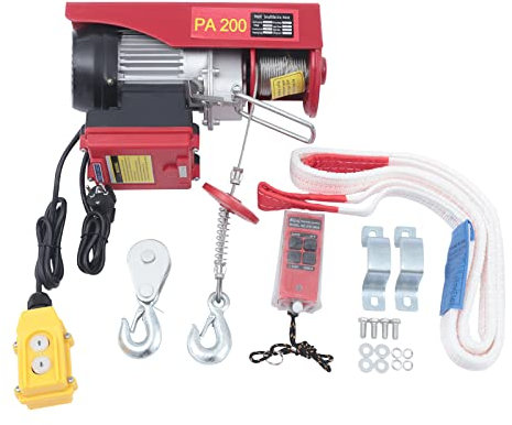 DAOHHFO Treuil électrique 220 V 510 W - Grue de levage - Treuil moteur - Avec télécommande - 100/200 kg - Avec câble + interrupteur d'arrêt d'urgence - Pour maison, atelier, garage