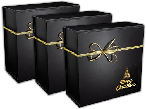 3er Pack Geschenkbox WEIHNACHTEN schwarz Christmas-Edition/Geschenkkarton mit magnetischem Deckel und Schleife, Geschenkverpackung Box mit Band und Weihnachtsmotiv