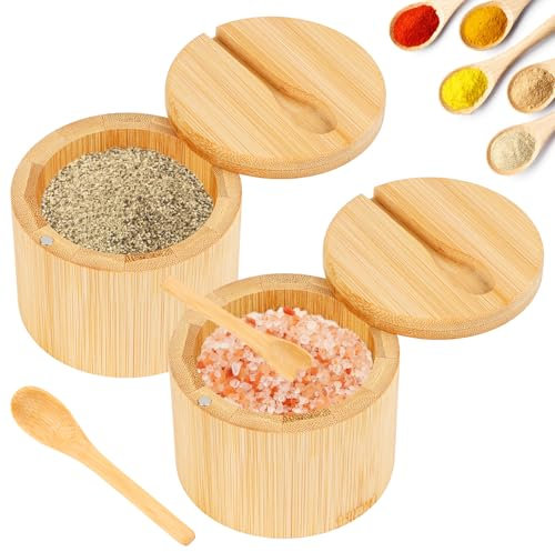 Wvu & Wvo 2 Stück Bambus Salzdose, 6oz Salzbehälter mit Magnetischem Schwenkdeckel und Löffel, Gewürzglas Holz für Küchen Aufbewahrung von Salz, Pfeffer, Kraut, Gewürzgefäß