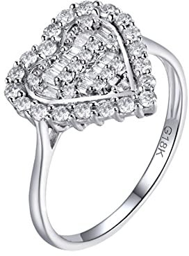 KnBoB 14 Karat (585) Weißgold Ring, Damen Herz 0.5CT Diamant Eheringe Hochzeit Größe 60 (19.1)
