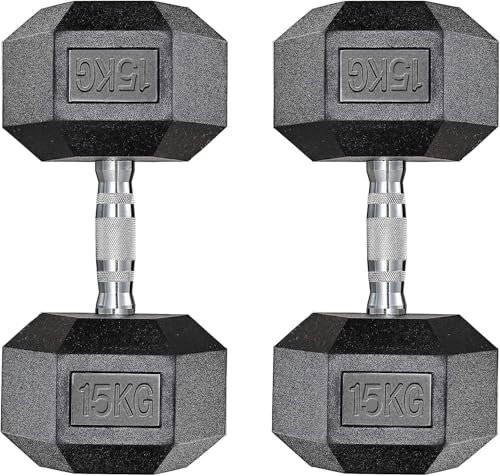 Kurzhanteln Set, Hexagon Hanteln | 2er Set 10-25 kg | Rutschsicher Ummantelt, Gummi Beschichtet Gusseisen Gewichte für Damen und Herren Krafttraining (2 x 15 kg- Schwarz)