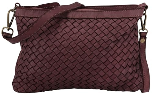 SH Leder Vintage Geflochtene Umhängetasche, Echtleder Clutch, Handtasche mit Reißverschluss, Mittelgroß, 28x20cm Selina G752 (Weinrot)