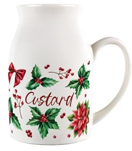 Christmas Holly Custard Jug - Small Porcelain Jug Pitcher with Handle for Xmas Dinner, 450ml, White
