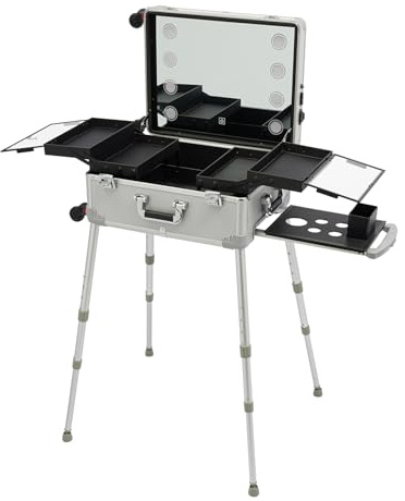 Makeup-Zug-Koffer mit LED-Licht, Reise-Kosmetik-Organizer mit unsichtbarer Trolley-Halterung 8 Lichter, Schminkstation Trolley für Reise Friseure Visagisten