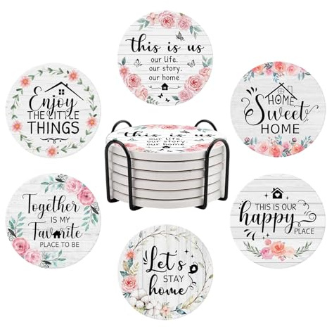 Home-themed Ceramic Coasters, Set of 6 Drink Coasters, with Metal Holder, Absorbent Round Non-Slip Drink Mug Cup Coaster Housewarming Room Bar Fashion Decoration Gift