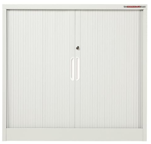 The Workplace Depot Tambour Cabinet – Lockable Steel Office Cupboard with Sliding Doors, 865(H) x 900(W) x 400(D) mm, Grey or Black, Space-Saving Storage for Small Offices and Home Workspaces (Grey)