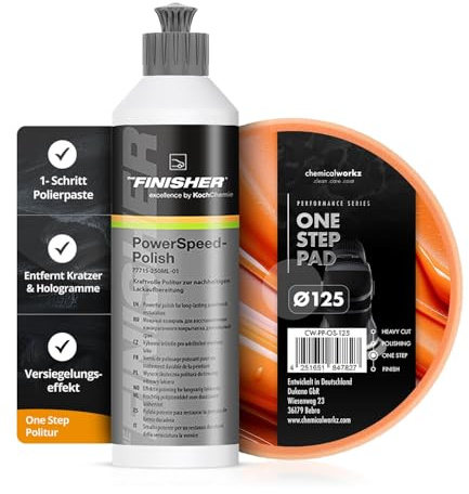 THE FINISHER by Koch Chemie PowerSpeedPolish (250ml) One Step Hochglanz Autopolitur + chemicalworkz Performance Pad - Spiegelglanz und Kratzerentfernung, Hand- und Maschinenanwendung für alle Lacke