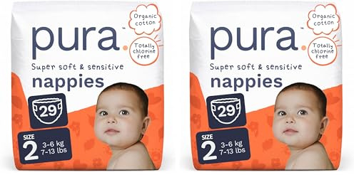 Pura Couche écologiques pour bébé – Taille 2 (3-6 kg), 2 paquet (29 couches), ultra douces pour peaux sensibles, coton bio, indicateur d'humidité, découpe pour cordon ombilical