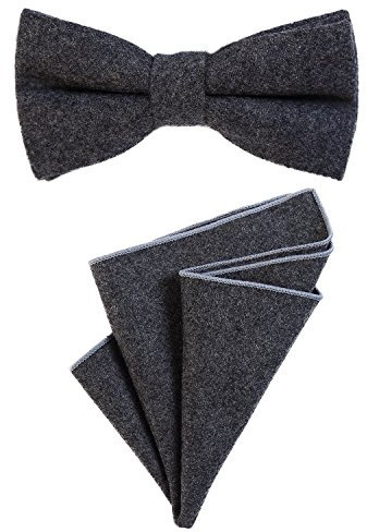 DonDon Herren Fliege 12 x 6 cm gebunden längenverstellbar und Einstecktuch 23 x 23 cm farblich passend aus Baumwolle dunkelgrau