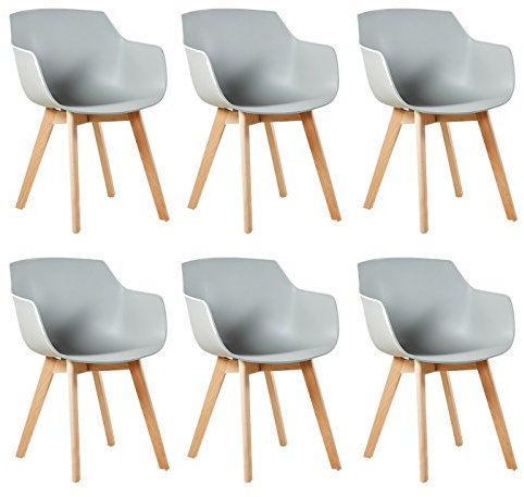 EGGREE 6er Set Esszimmerstühle Skandinavisch mit Armlehne und Starke Buche Stuhlbeine, Modern Design Sessel für Büro Küche Wohnzimmer,Grau