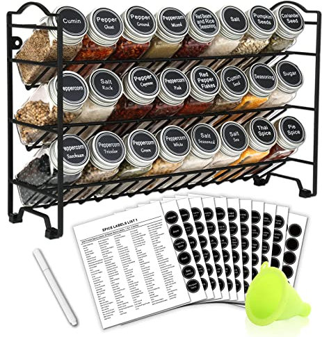 Zeilako SWOMMOLY Spice Rack Organizer with 24 Empty Glass Spice Jars, 396 Spice Labels with Chalk Marker and Funnel Complete Set, for Countertop, Cabinet or Wall Mount, Black