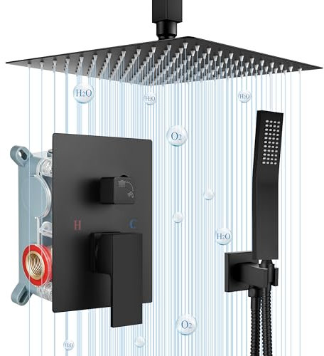 Airuida - Grifo de ducha cuadrado negro mate de 12 pulgadas para baño, montaje en techo de lujo SUS304, cabezal de ducha de lluvia ultrafino, de latón, mezclador de lluvia