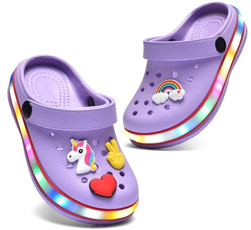 VIYEAR Kinder Jungen Mädchen LED Clogs Süße leichte Sommer Hausschuhe Garden Beach Sandalen, 25 EU,Lila