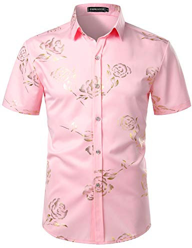 PARKLEES Mens Hipster Gold Rose Printed Slim Fit Short Sleeve Button Down Dress Shirts Pink Gold XL