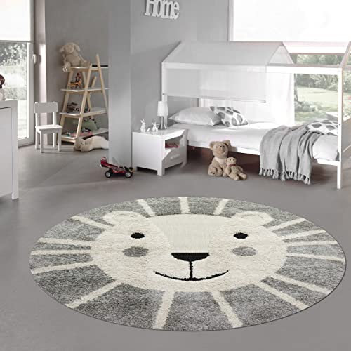 Teppich-Traum Kinderzimmer Teppich Baby Spielteppich 3D Optik High Low Effekt Löwe Creme grau weiß 80 cm rund