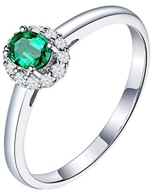 AMDXD Blumen Damen-Ring 750 Weißgold mit Smaragd 1.2ct und Diamant Eheringe Silber, 2Jährige Geschenk, Gr.62 (19.7)