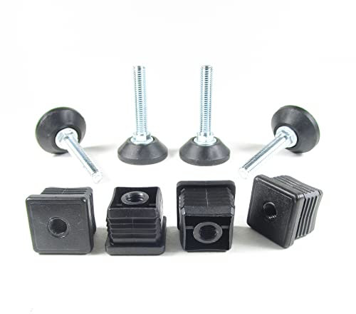 ajile Pied Vérin Fileté Réglable Ajustable pour Mise à Niveau M10 Longueur 50 mm avec Embout Taraudé pour Tube Carré 35x35 mm Plastique Noir - 4 pièces - KCX135