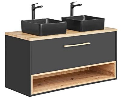 PIASKI Mueble de Lavabo Borneo 120 cm, Colgante y Doble, Mueble de Baño Color Roble/Gris Cosmos (Con Encimera)