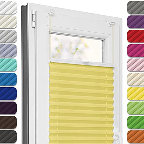 Estika Plissee ohne Bohren, Premium Klemmfix - 80cm Breite x 50cm Höhe - Gelb - Metal Plisseehalter ohne Bohren, Modern Sichtschutz für Fenster, Jalousien Fenster für innen