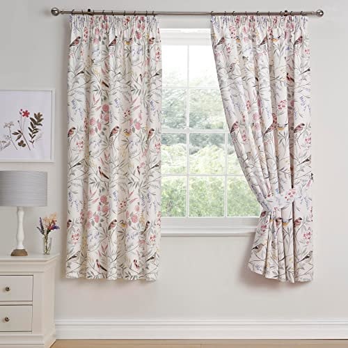 Dreams & Drapes - Pink Floral & Bird Curtains W66 x L72 (168 x 183cm) - 2x Panels - Floral Pencil Pleat in Pink - Garden Bird Curtains & Drapes for Bedroom - Pink Botanical Pleated Curtains