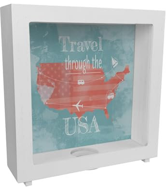 Rahmen Spardose aus Holz mit USA Karte und Spruch - travel Through USA als Geschenk für Urlauber die durch USA Reisen wollen und Geld für den Flug und die Unterkunft brauchen