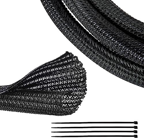 RED WOLF Braided Wire Cable Sleeve Split Wiring Sleeving 10 Feet - 1/2 Flexible Self-Wrap for Automotive Computer Cable Cord Management Cover Protector, Anti-Scratch High-Temperature Black