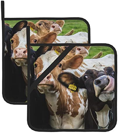 Topflappen mit Kuh-Grasland-Motiv, bedruckt, 2 Stück, hitzebeständig, rutschfest, für Mikrowelle, zum Backen, Kochen, Grillen