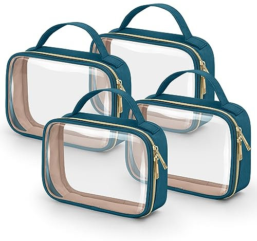 Wedama TSA-zugelassener Kulturbeutel, 4 Stück, transparente Make-up-Taschen mit Griffen, Quart-Größe, transparente Kulturbeutel, transparente PVC-Kosmetiktaschen für Damen und Herren, Handgepäck für
