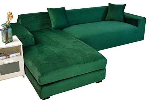 GUYIRT Strecken Sofabezug L Form Samt, L Form Sofa überzug 2 Stück Couchbezug L Form Weicher Möbelschutz Mit Elastischem Boden Für Hunde Und Katzen -dunkelgrün-4+3 Sitzer