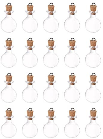 sourcing map 20pcs Mini Verre Bouteilles avec Liège Bouchons Oblat Ronde Forme Tiny Verre Bocaux Petites Verre Fioles Transparent Clair Souhaitant Bouteilles avec Anneau pour Fête Décoration