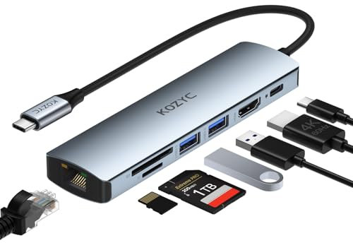 Hub USB C Ethernet HDMI, KOZYC 7 IN 1 USB-C a HDMI con 4K 60Hz, 1Gbps Ethernet, 100W PD Charging, 2 USB 3.0 Data, SD/TF Card Slots Port, para Laptop, Macbook Pro, iPad, UHDTV, Steam Deck