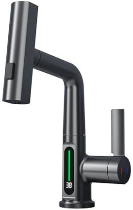 für 360° Drehbarer Wasserhahn, Ausziehbarer Wasserhahn, Badezimmer-Waschtischarmatur mit LED-Digitalanzeige, Anhebbar Wasserfall-Küchenarmatur, Multifunktionale Kalt-/Warmwasser-Waschtischarmatur,D