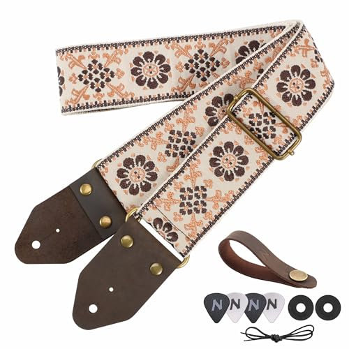 Nefelibata Gitarrengurt, Jacquard-Stickerei Baumwolle Gitarrengurte mit Crazy Horse Leder Enden für Bass, elektrische & akustische,für Kinder, Gitarristen (Palm Flower Stickerei)