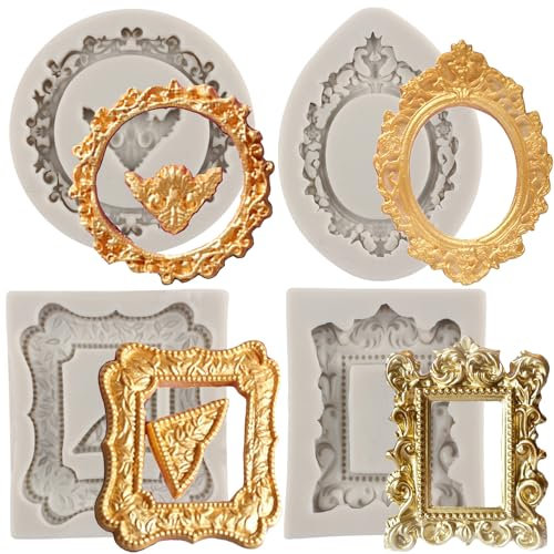 MYPRACS Photo Frame Fondant Moulds Picture Frames Silicone Mould Vintage Frame Moulds for Cake Decorating Cupcake Topper Polymer Clay Candy Chocolate Gum Paste Set of 4