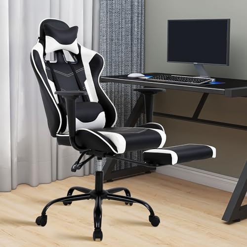 Gaming Chair, High Back PU Leather Gaming Chairs Computer Chair with Headrest & Lumbar Support, Height Adjustable Wide Seat Gaming Chairs for Adults, Game Chair with Footrest & Armrest