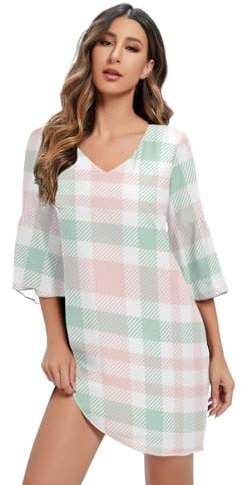 FRODOTGV Robe en mousseline de soie rose pâle à manches courtes pour femme, Plaid rose pâle, Taille XL