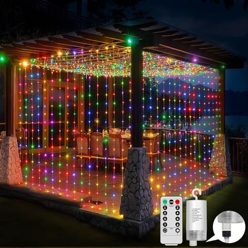 GCMacau Lichtervorhang, 6x3M 600 LEDs Lichterketten Vorhang Bunt Licht, Hängend Lichtervorhang mit Fernbedienung Timer, Lichterkette Batterie Innen Außen für Weihnachten Hochzeit Party Deko