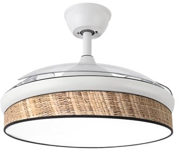Abrila - Ventilador DC MODA | Color Blanco con tres Aspas Desplegables ABS y Difusor Cañizo Oscuro | 6 Velocidades Ajustables | 3 Temperaturas de Luz | con Temporizador y Mando a Distancia Incluido