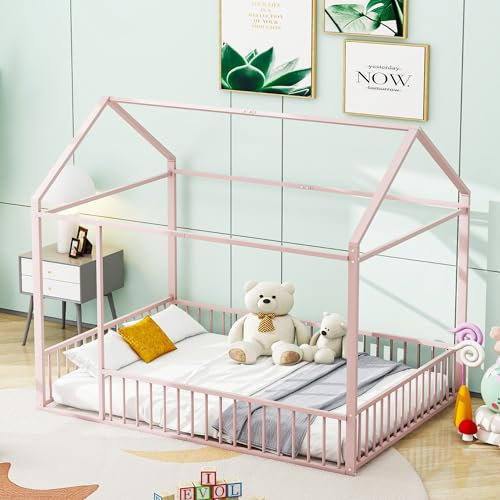 Merax Metall Kinderbett, Hausbett mit rausfallschutz, Bodenbett für Jungen & Mädchen 140x200cm, Rosa (Ohne Matratze & Bettkasten)