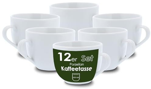 Level One 12 Stück Kaffeetasse 250ml aus hochwertigem Porzellan, Kaffeetasse in weiß, Kaffeebecher mit Henkel, Spülmaschinen- & Mikrowellengeeignet
