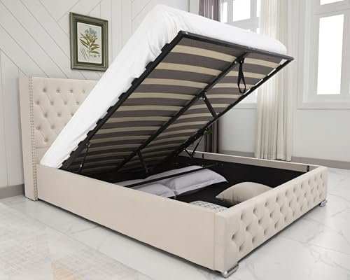 King Size Bed Frame, Upholstered Bed Wingback Headboard Tufted, Velvet Fabric, Ottoman Bed with Storage, Gas Lift Up Bed, Wooden Slats Space Saving 5ft Beige King Bed Frame, No Mattress