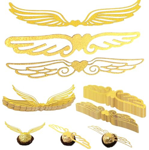 150 Stück Gold Glitter Flügel Schokoladen Dekoration, Cupcake Topper für Pralinen, Kuchen, Törtchen, Geburtstags Deko für Wizard Theme Party, Jahrestag, Geburtstag Party, Hochzeit (3 Style)
