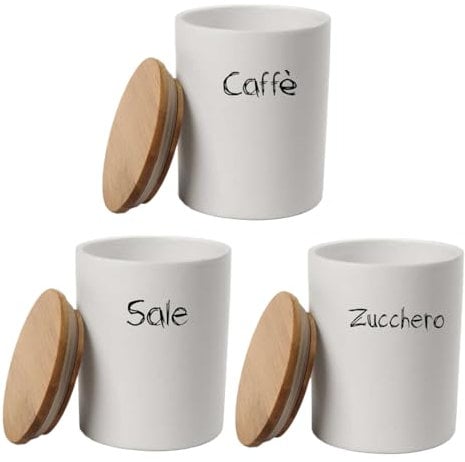 Maury's Tris Barattoli in Ceramica con Chiusura Ermetica ad incastro e Top in Legno di Dimensioni 9x12cm: Sale, Zucchero e Caffè (Tondo)