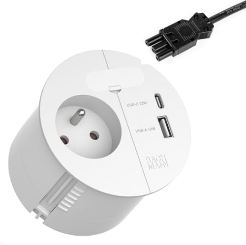 BACHMANN Einbausteckdose LOOP IN CHARGE 1x Steckdose UTE Frankreich 1x USB A/C 22W mit Kabeldurchführung 0,2m Zuleitung für Büro, Besprechungsraum und Wohnraum in Weiß 938.304