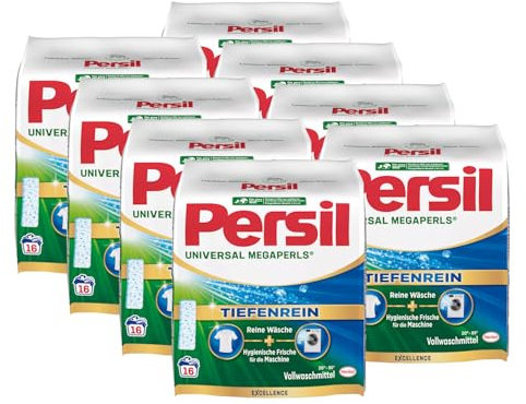 Persil Universal Megaperls 128 Waschladungen (8x 16WL), Vollwaschmittel mit Tiefenrein Technologie, Waschmittel für reine Wäsche & hygienische Frische für die Maschine, 20 °C bis 95 °C