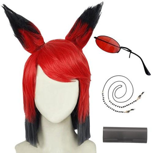 HSJZBQSM Hazbin Hotel Cosplay Alastor Requisiten Rote Perücke Monokular Brille Teufel Kalb Hörner Alastor Cosplay Zubehör (03, Einheitsgröße)