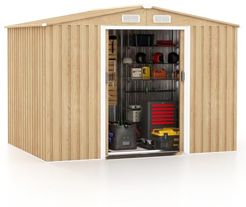 RELAX4LIFE Gerätehaus Metall, Geräteschuppen mit 2 Schiebetüren & 4 Lüftungsfenstern, Gartenhaus Satteldach, Garten Schuppen Outdoor, Natur (259x196x184 cm)