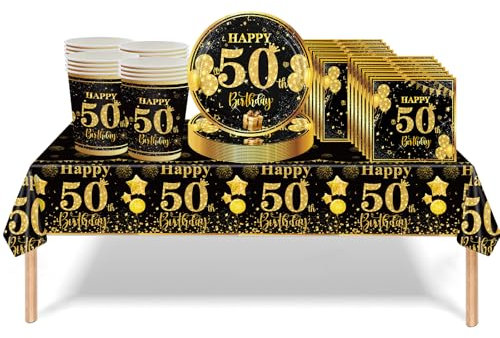 53Pcs Black Gold 50th Birthday Party Tableware Decorations - Table Cloth, Plates, Napkins, Cups Sets for Women, Him, Men - Birthday Table Decor and Gifts Dinnerware